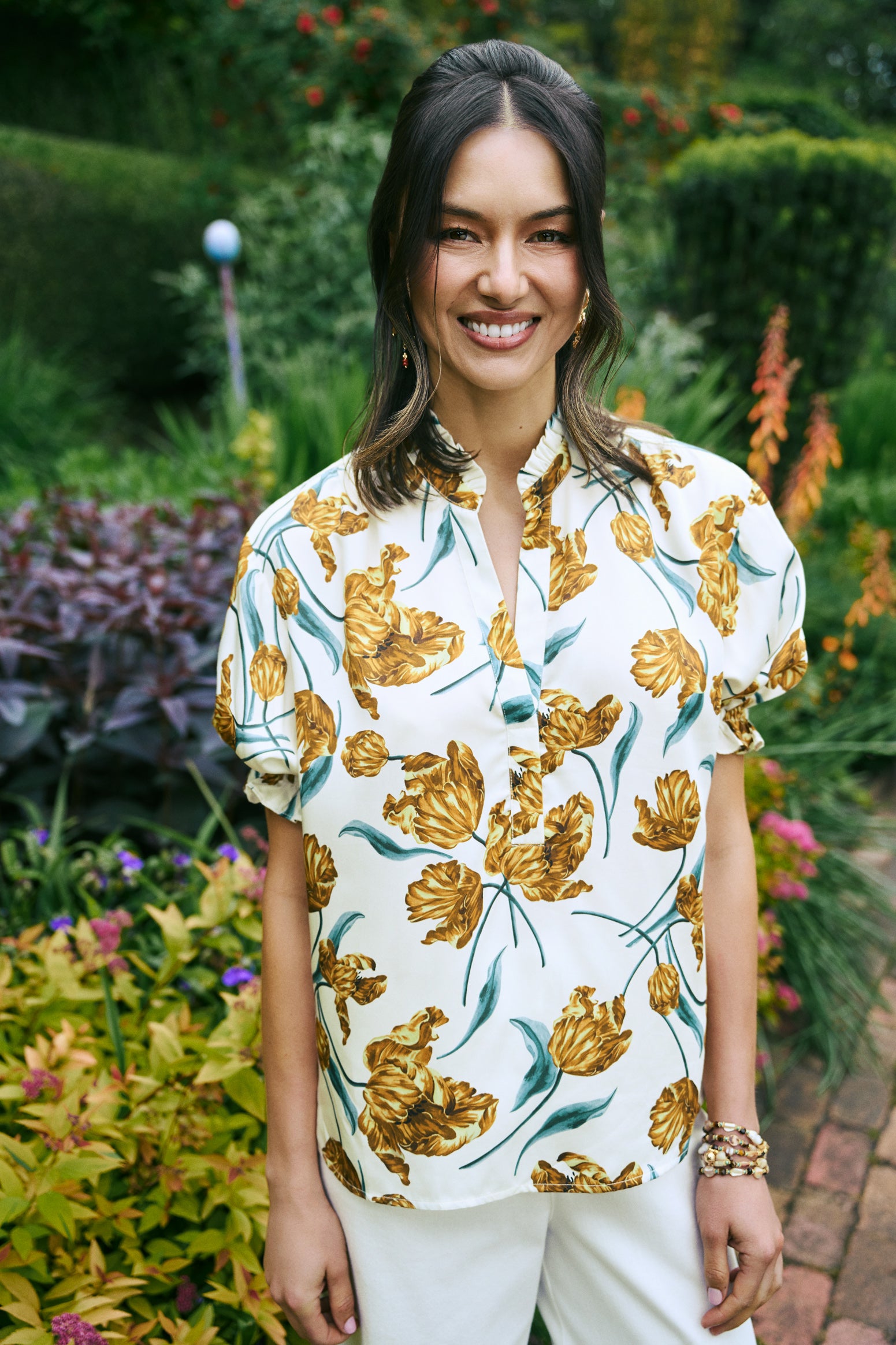 Puff Sleeve Printed Blouse - Floating Stem Print – Blue Illusion