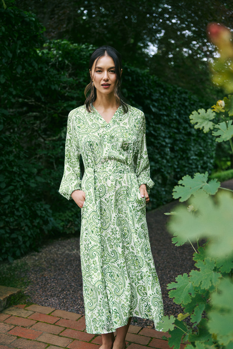 Blouson Sleeve Shift Dress - Green Paisley Print