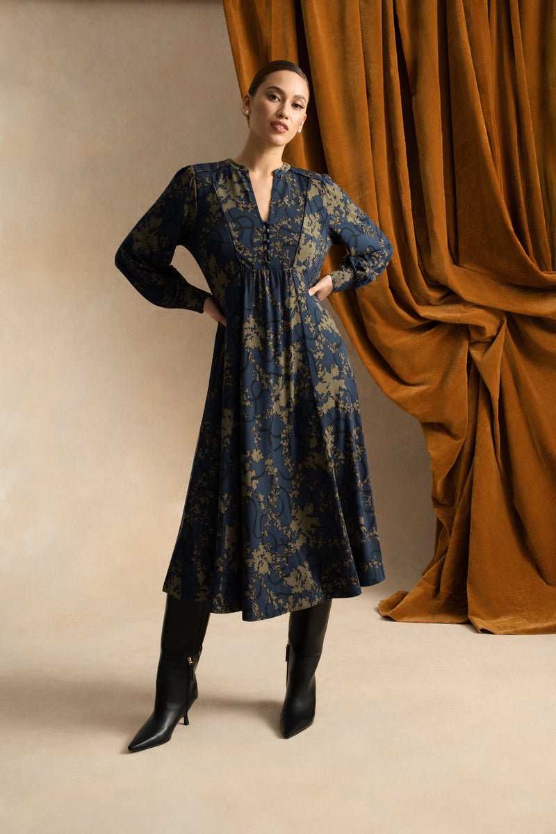 Jersey Swing Dress - Tonal Botanic Print Blue Illusion Jersey Swing Dress - Tonal Botanic Print Blue Illusion