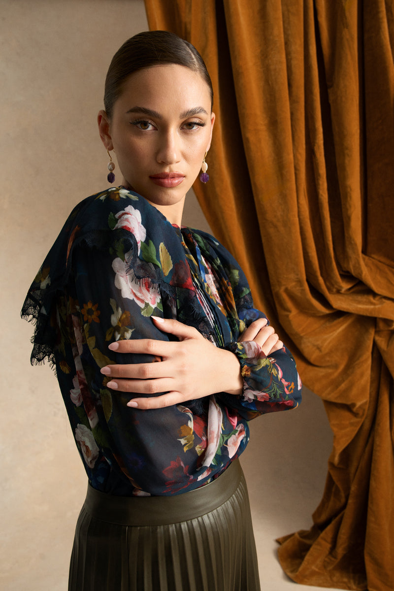 Frill Detail Printed Blouse - Ink Botanic Print