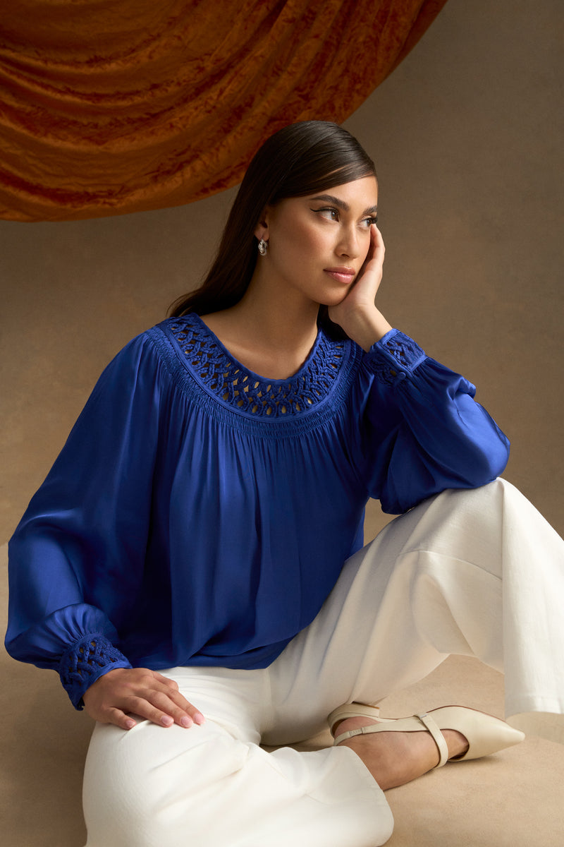 Braided Trim Blouse - Dark Royal Blue