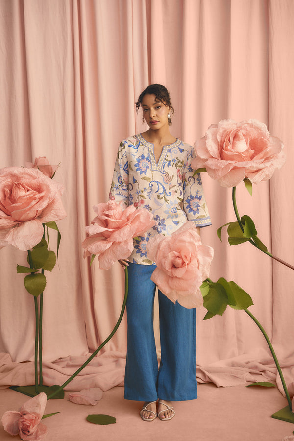 High Waist Twill Pant - Mid Blue Chambray