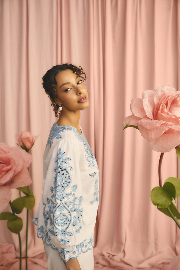 Embroidered Linen Blouse - Soft Chambray