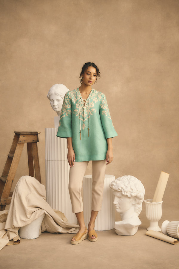 French Linen Tassel Kaftan - Gold Border Print