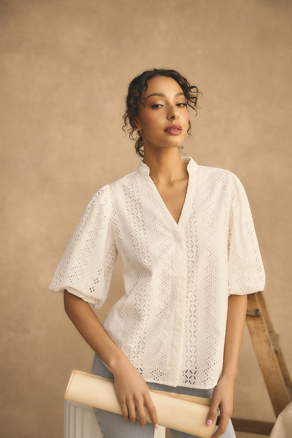 Broderie Puff Sleeve Shirt - Cream