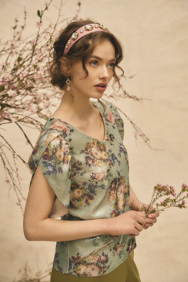 Printed Sequin Blouse - Vintage Floral Print