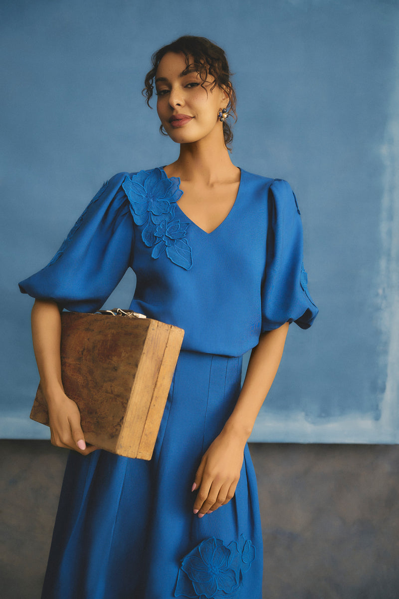 Puff Sleeve Appliqué Blouse - Cobalt