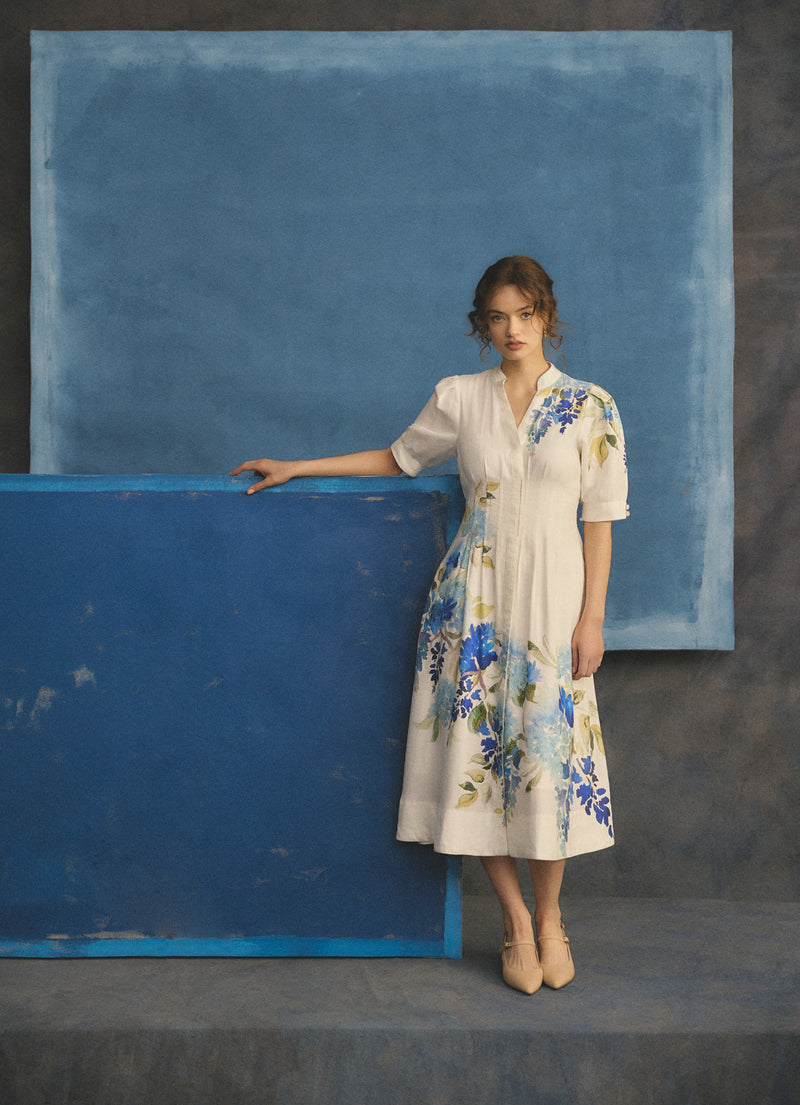 Pin Tuck Linen Dress - Watercolour Floral
