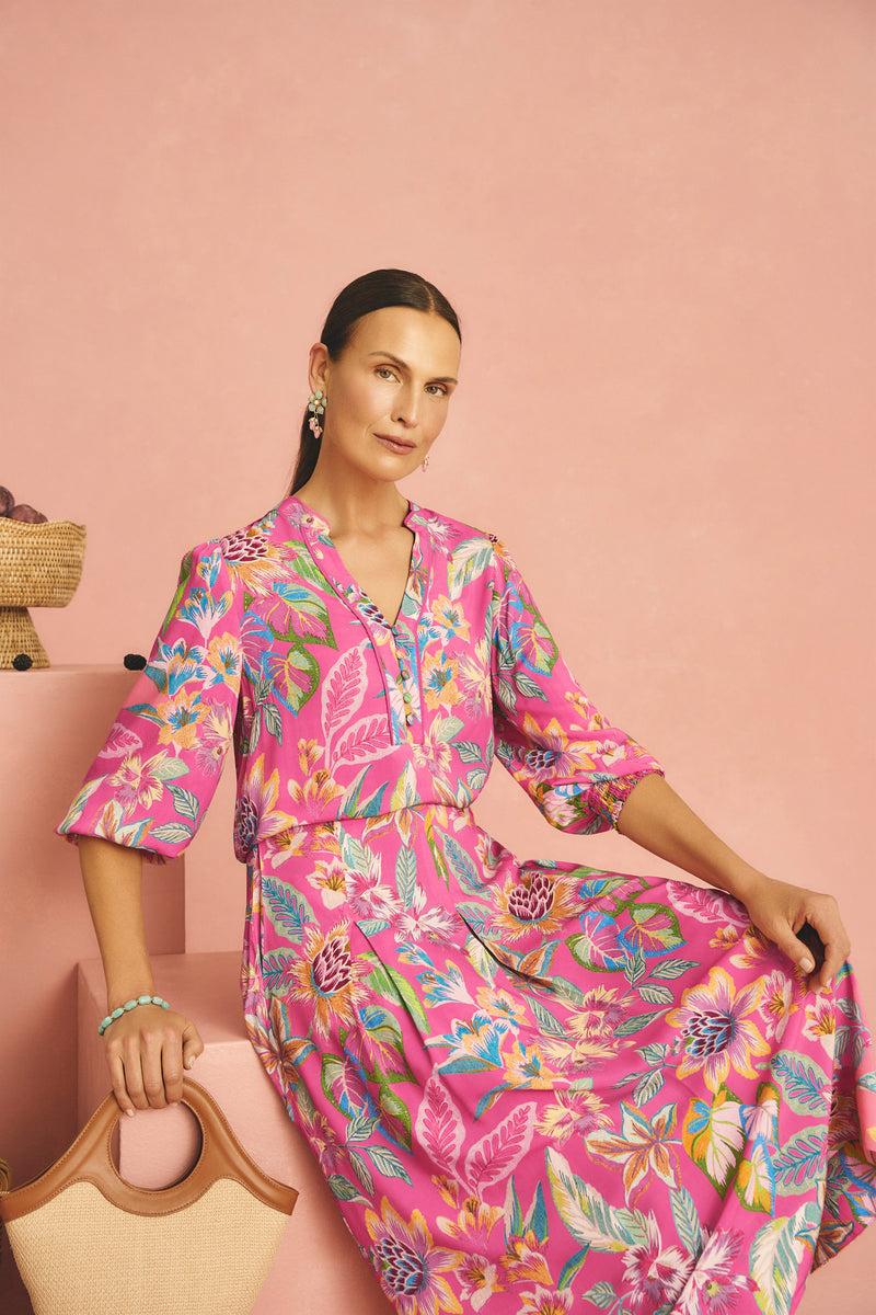 Button Detail Skirt - Pink Tropical Print