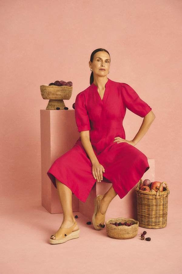 Pintuck Linen Dress - Brick Red