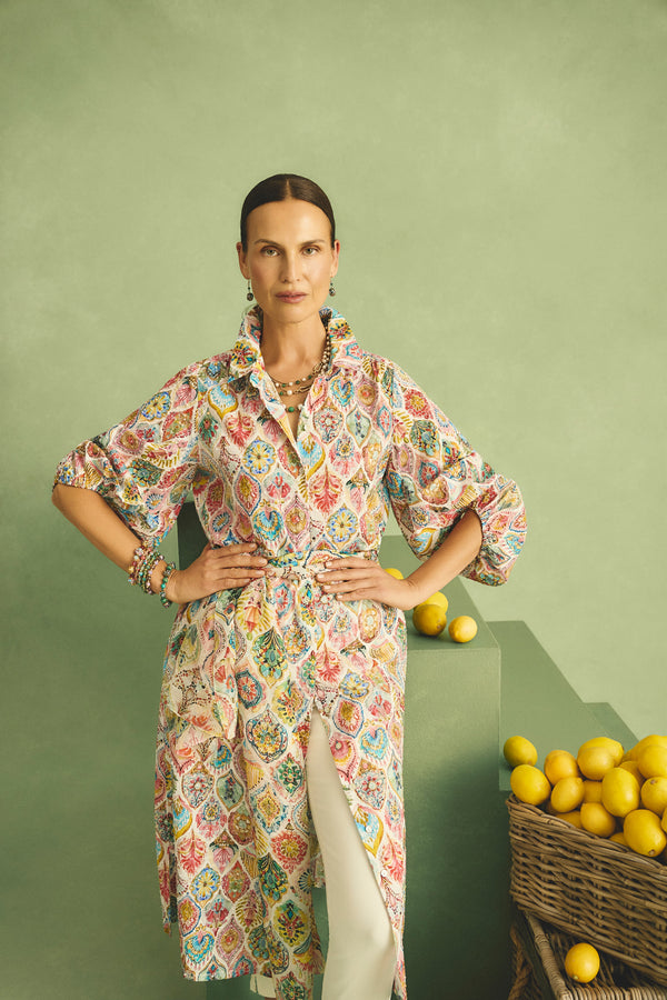 Cotton Shirt Dress - Pink Nouveau Print