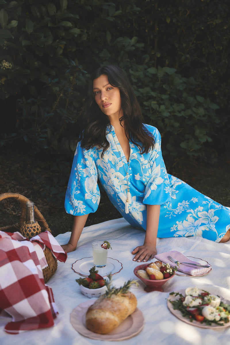 Printed A-Line Dress - Blue Floral Print