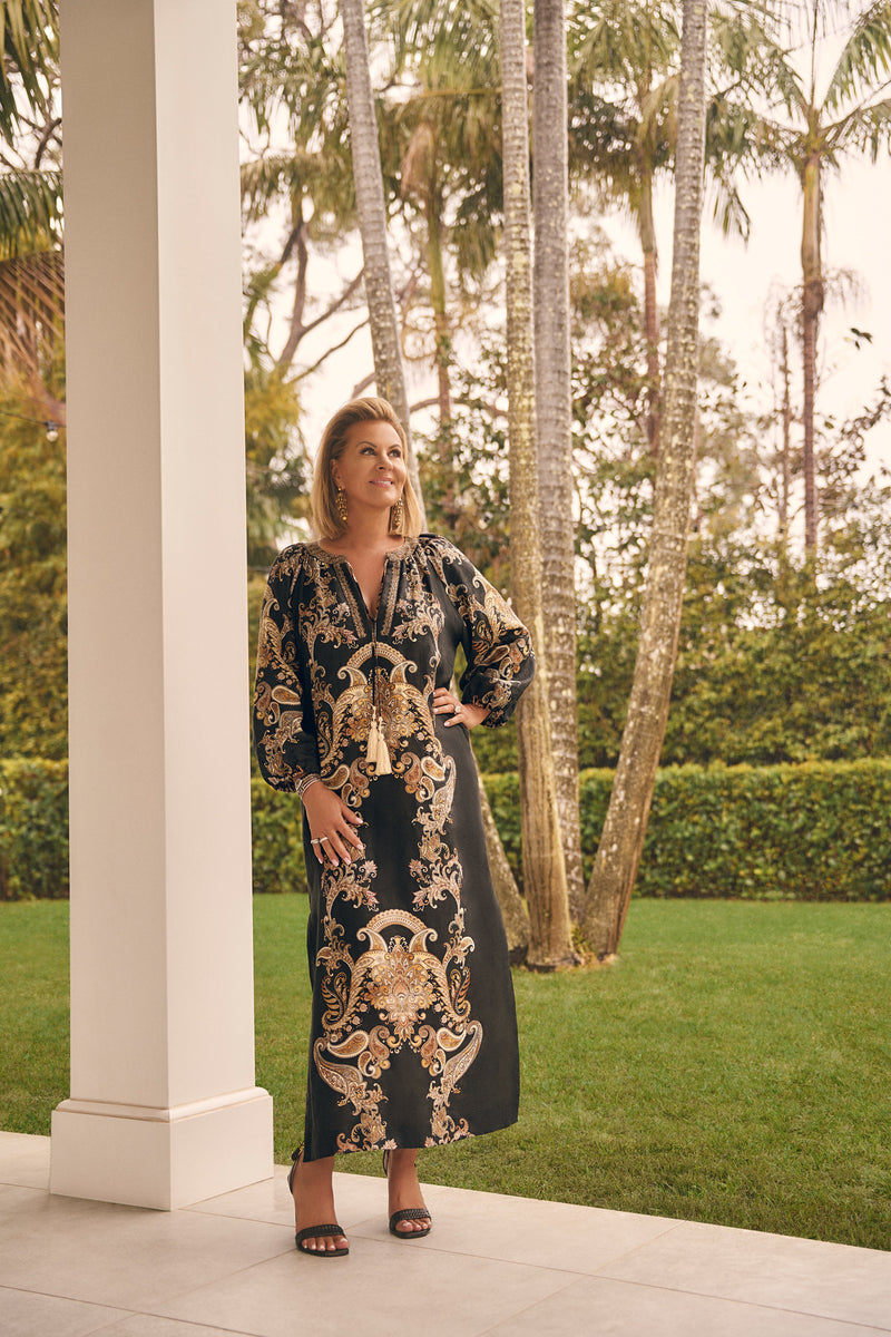 Printed Kaftan Dress - Gold Paisley Print