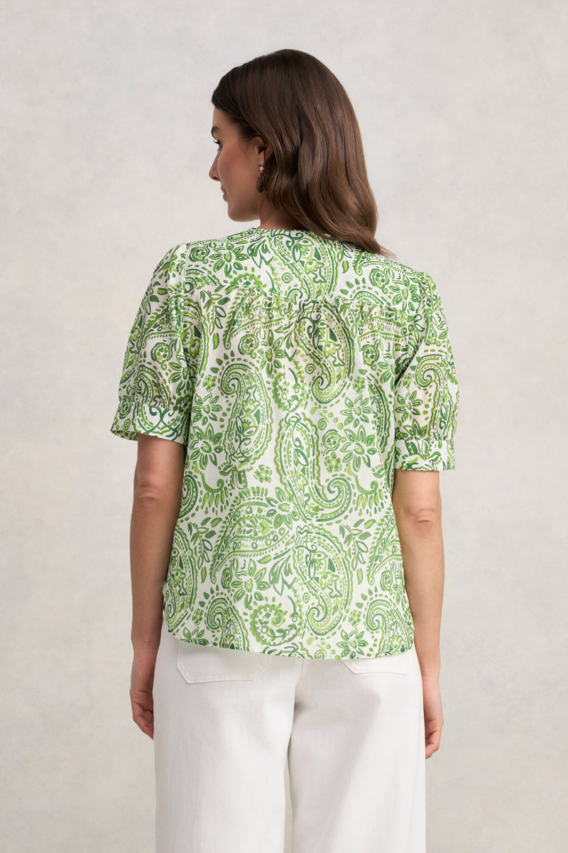 Ramie Cotton Blouse - Green Paisley Print