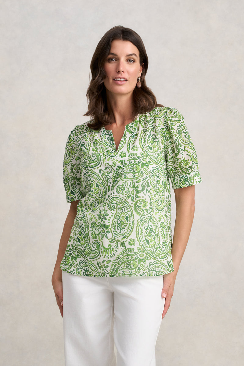 Ramie Cotton Blouse - Green Paisley Print