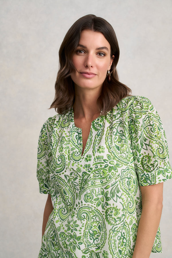 Ramie Cotton Blouse - Green Paisley Print