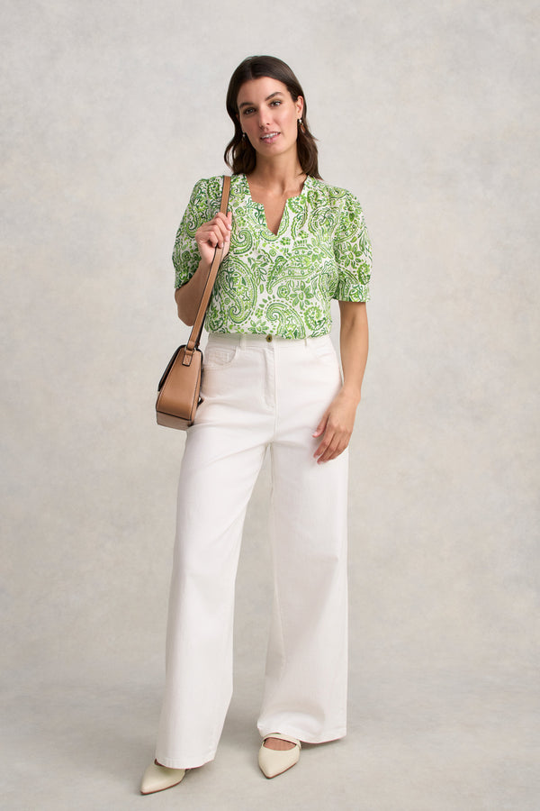 Ramie Cotton Blouse - Green Paisley Print