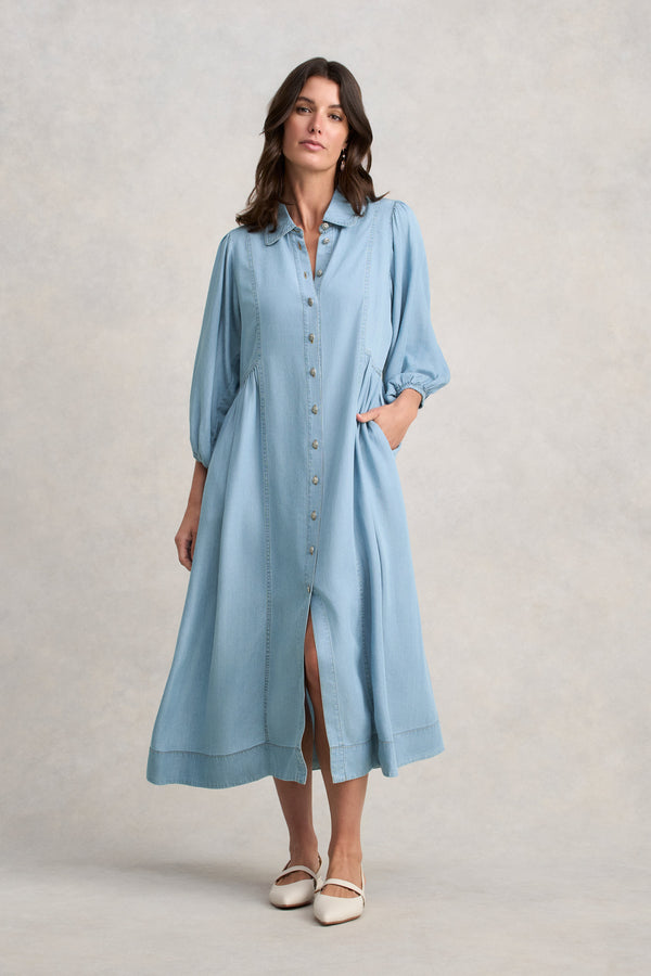 Chambray Puff Sleeve Dress - Light Chambray