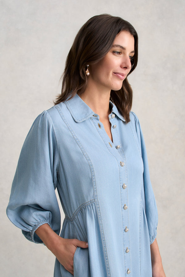 Chambray Puff Sleeve Dress - Light Chambray