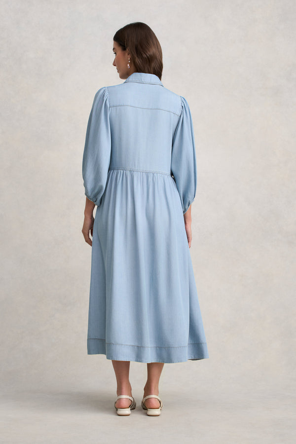 Chambray Puff Sleeve Dress - Light Chambray
