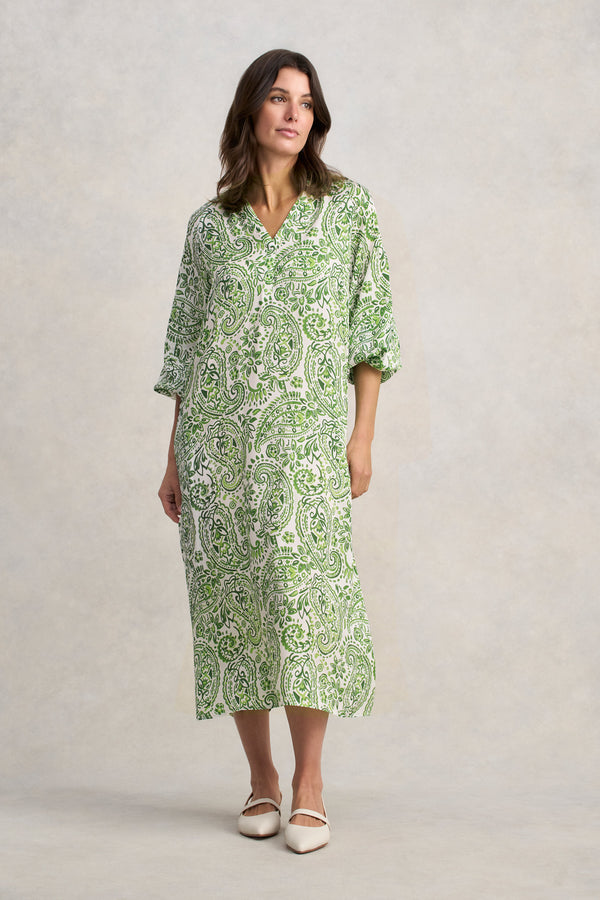 Blouson Sleeve Shift Dress - Green Paisley Print