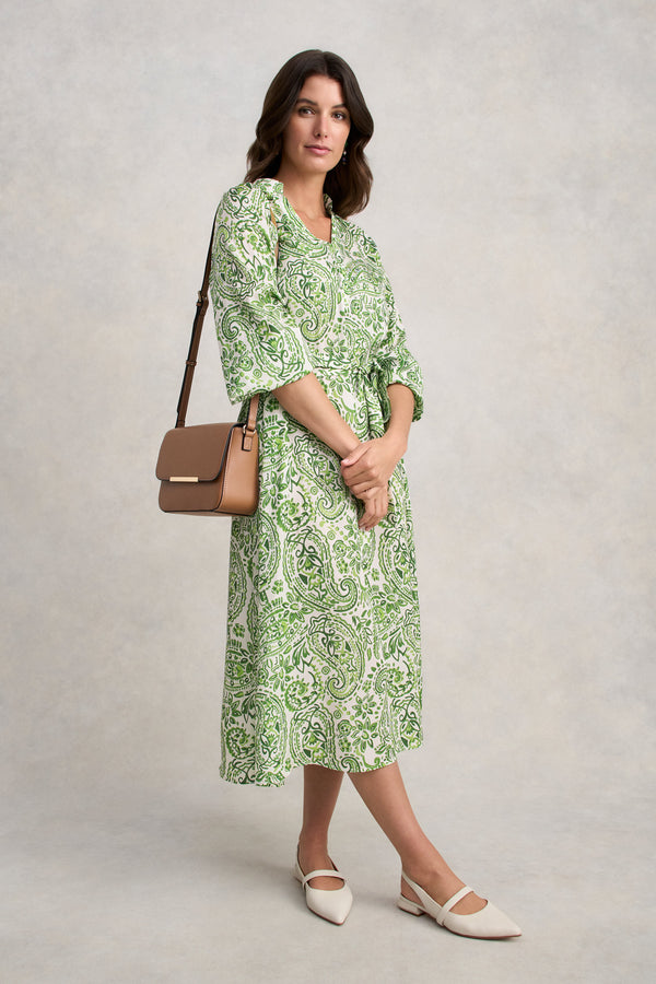 Blouson Sleeve Shift Dress - Green Paisley Print