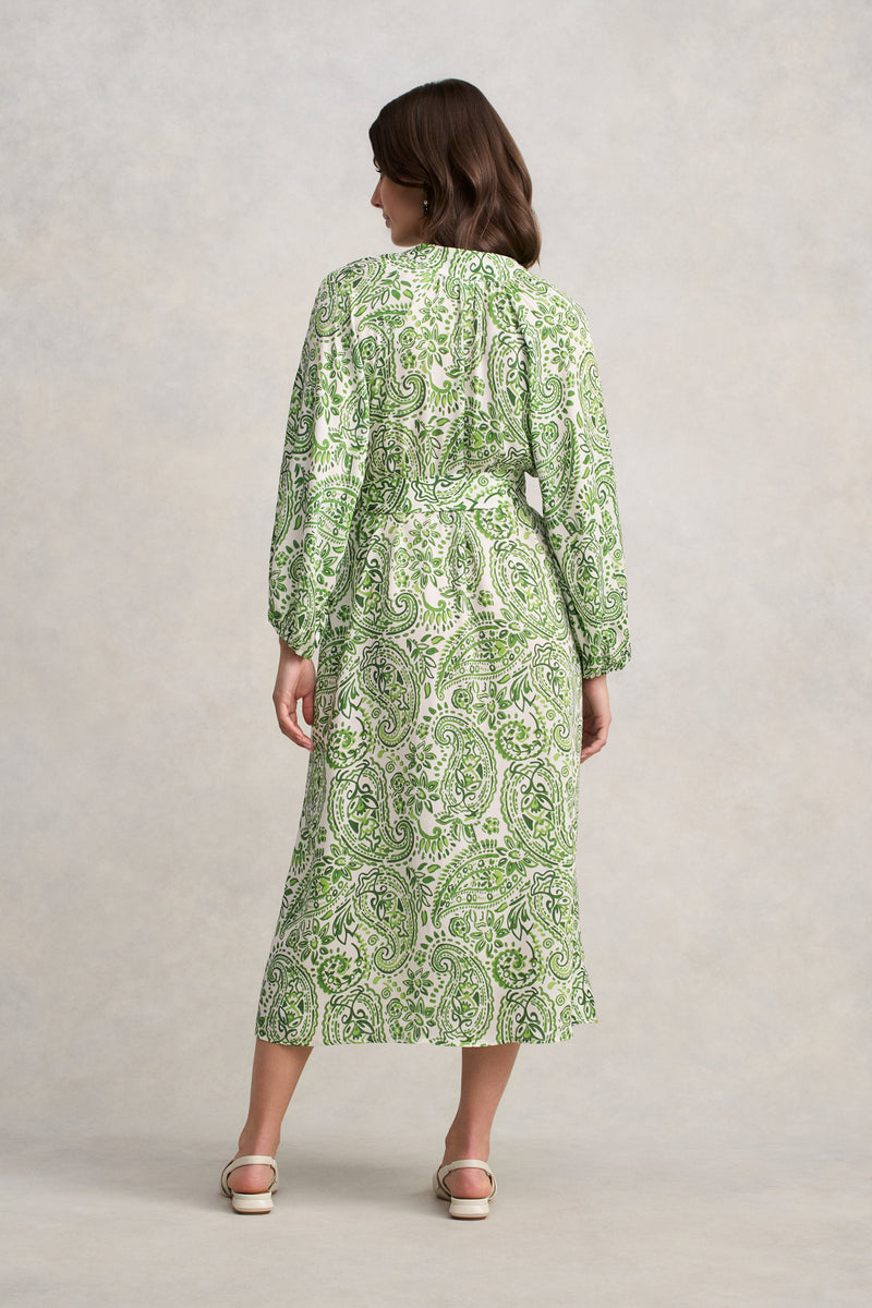 Blouson Sleeve Shift Dress - Green Paisley Print