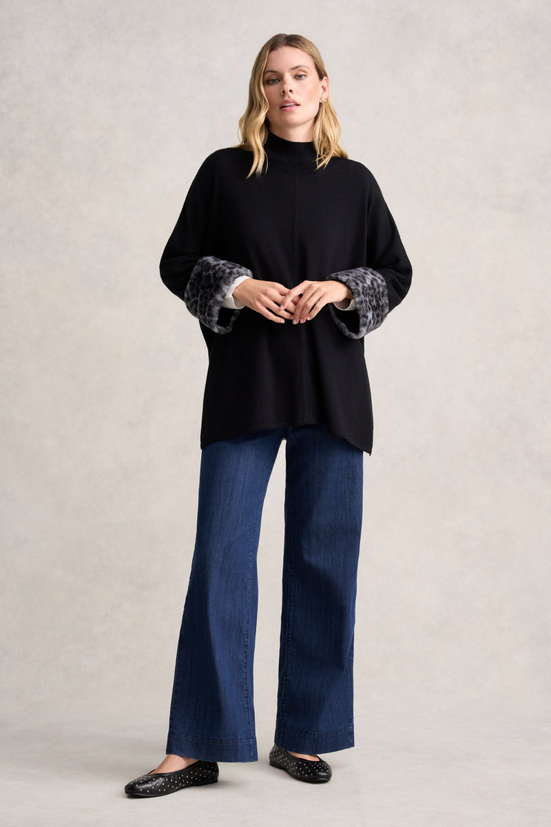 LEOPARD FAUX FUR TRIM PONCHO - BLACK AND WHITE