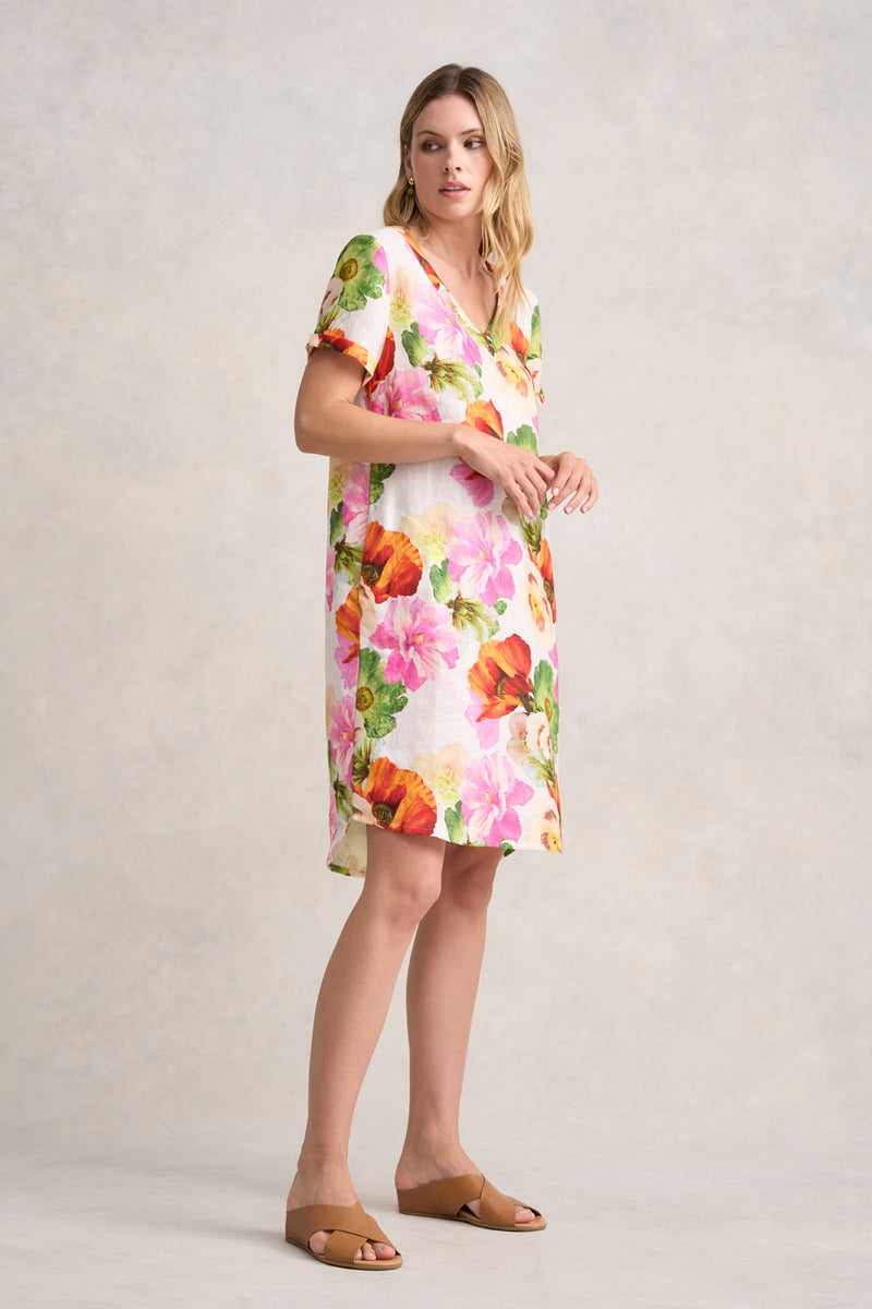 V-NECK LINEN DRESS - MULTI FLORAL