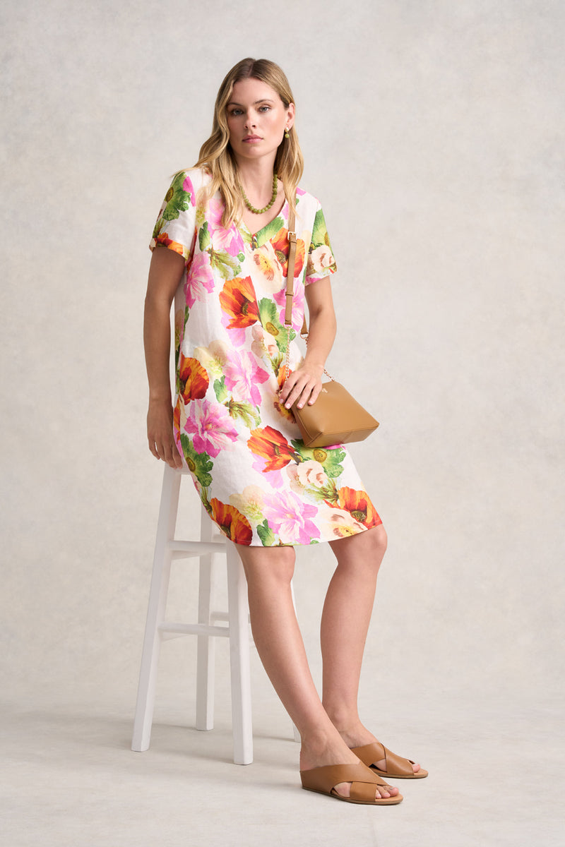 V-NECK LINEN DRESS - MULTI FLORAL