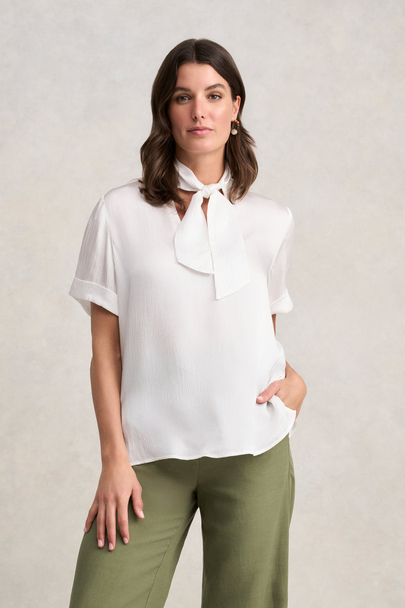 Textured Neck Tie Blouse - White