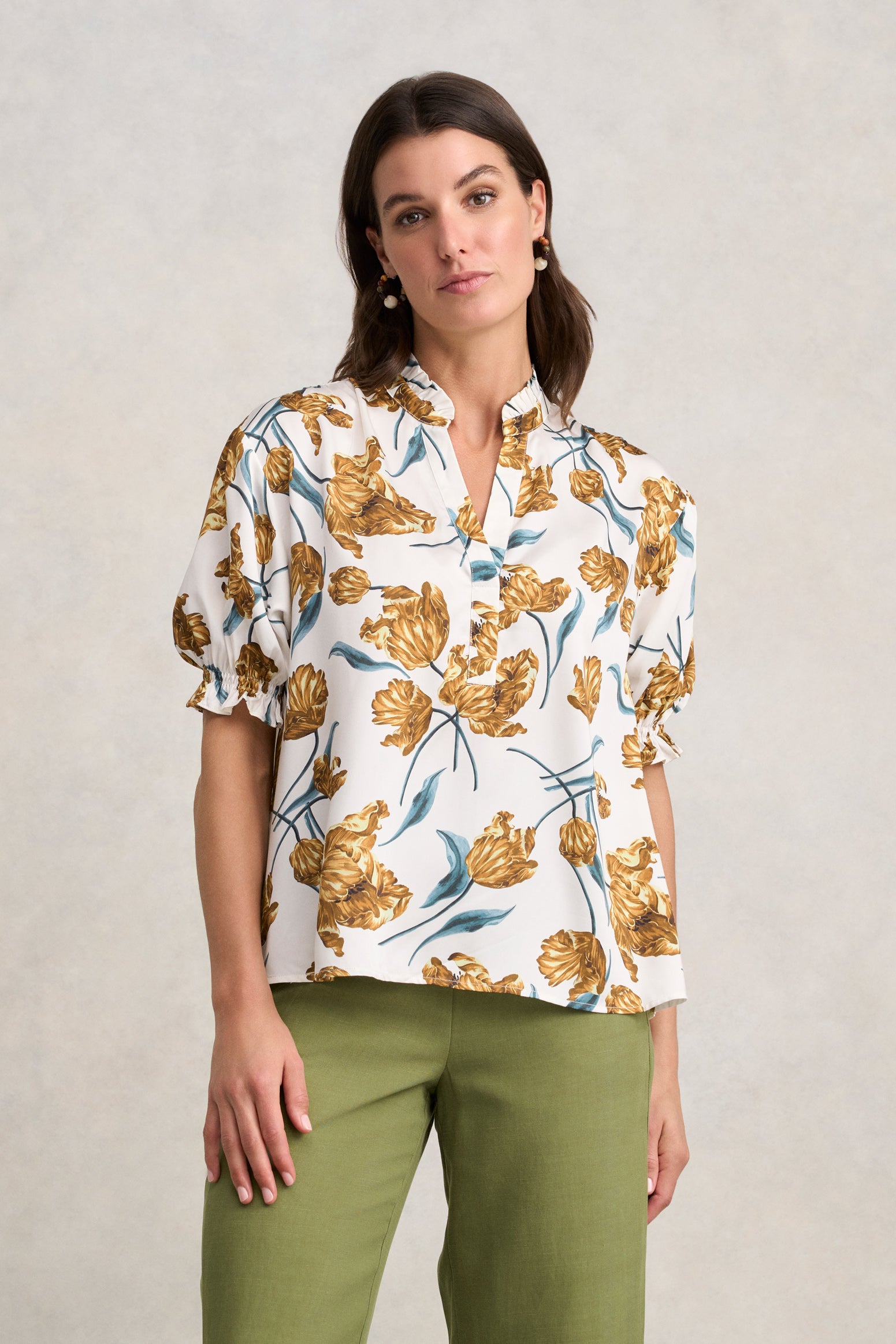 トップス Oriens Puff Sleeve Print Blouse Puff Sleeve Printed Blouse - Floating Stem Print – Blue Illusion