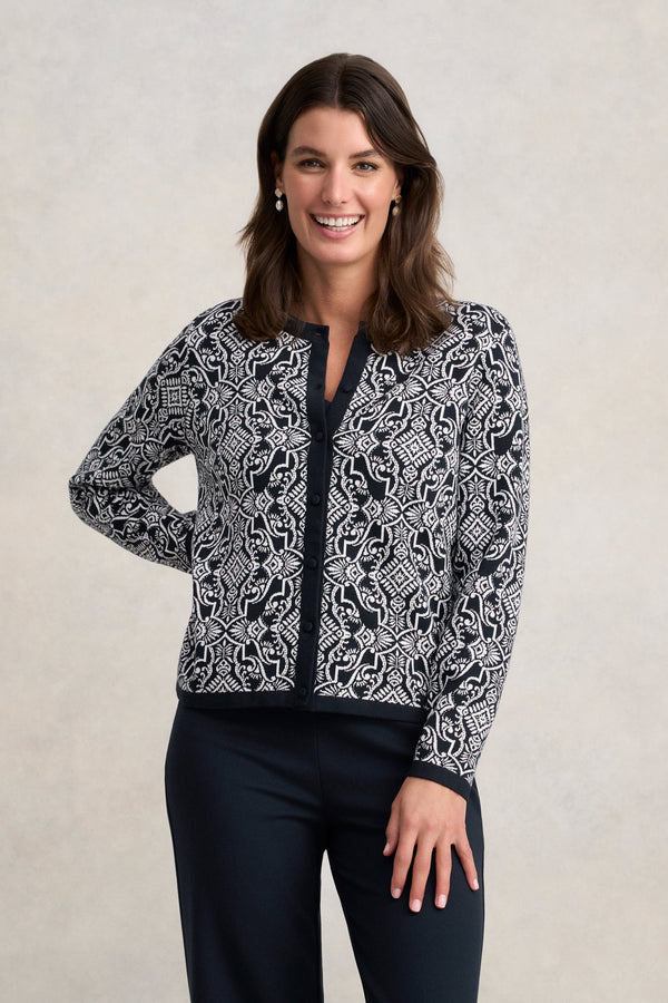 Cotton Jacquard Cardigan - Two Tone Print