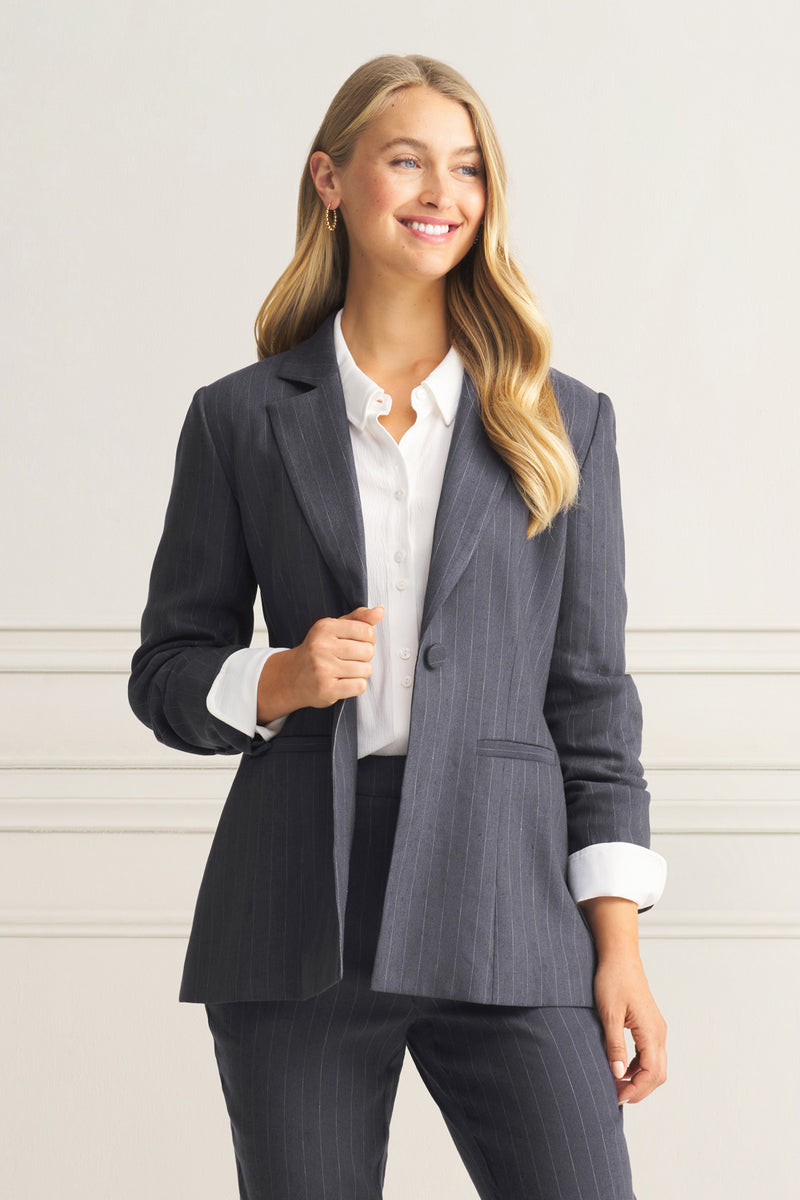 Long Line Linen Jacket - Charcoal Pinstripe
