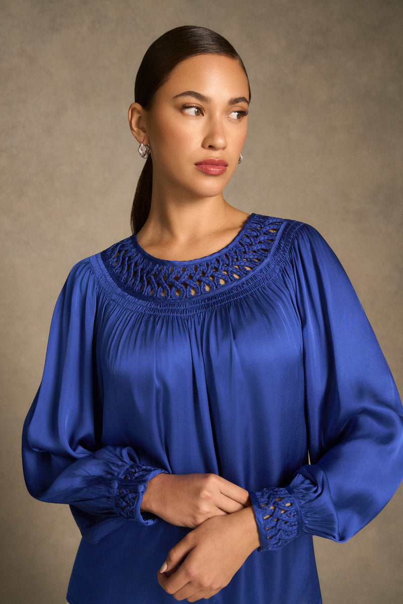 Braided Trim Blouse - Dark Royal Blue