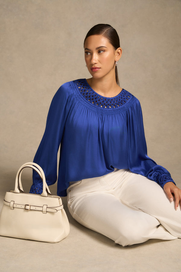 Braided Trim Blouse - Dark Royal Blue