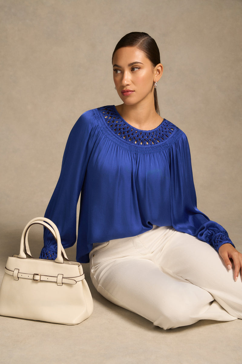 Braided Trim Blouse - Dark Royal Blue