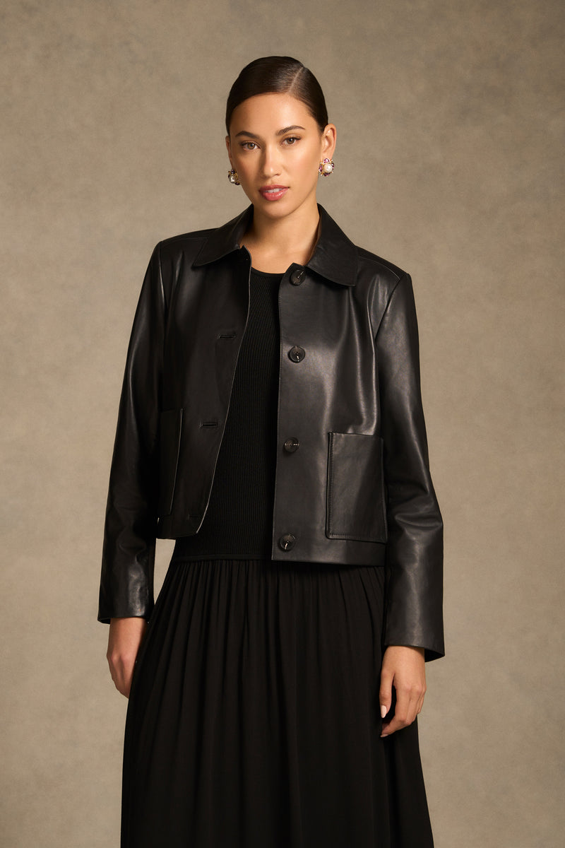 Buttoned Leather Jacket - Black
