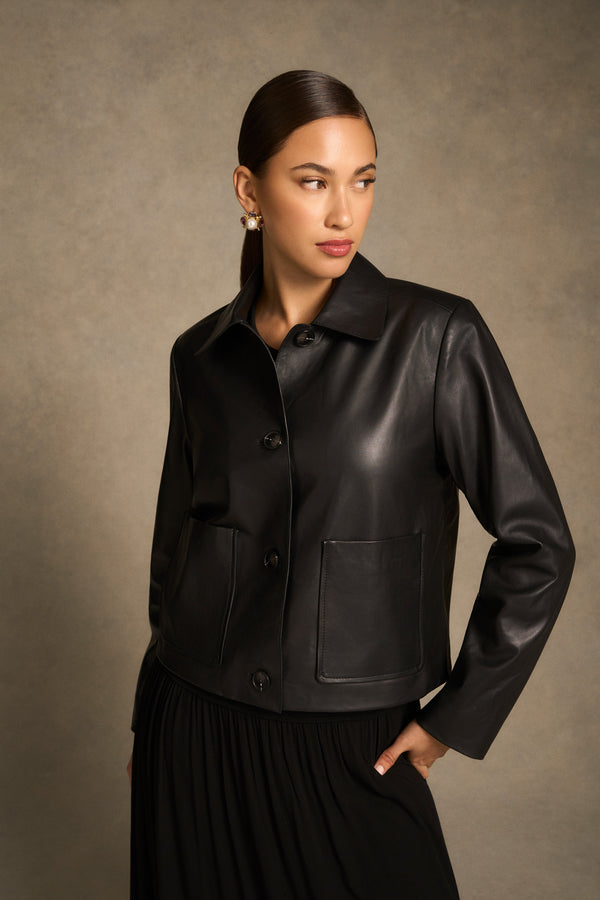 Buttoned Leather Jacket - Black