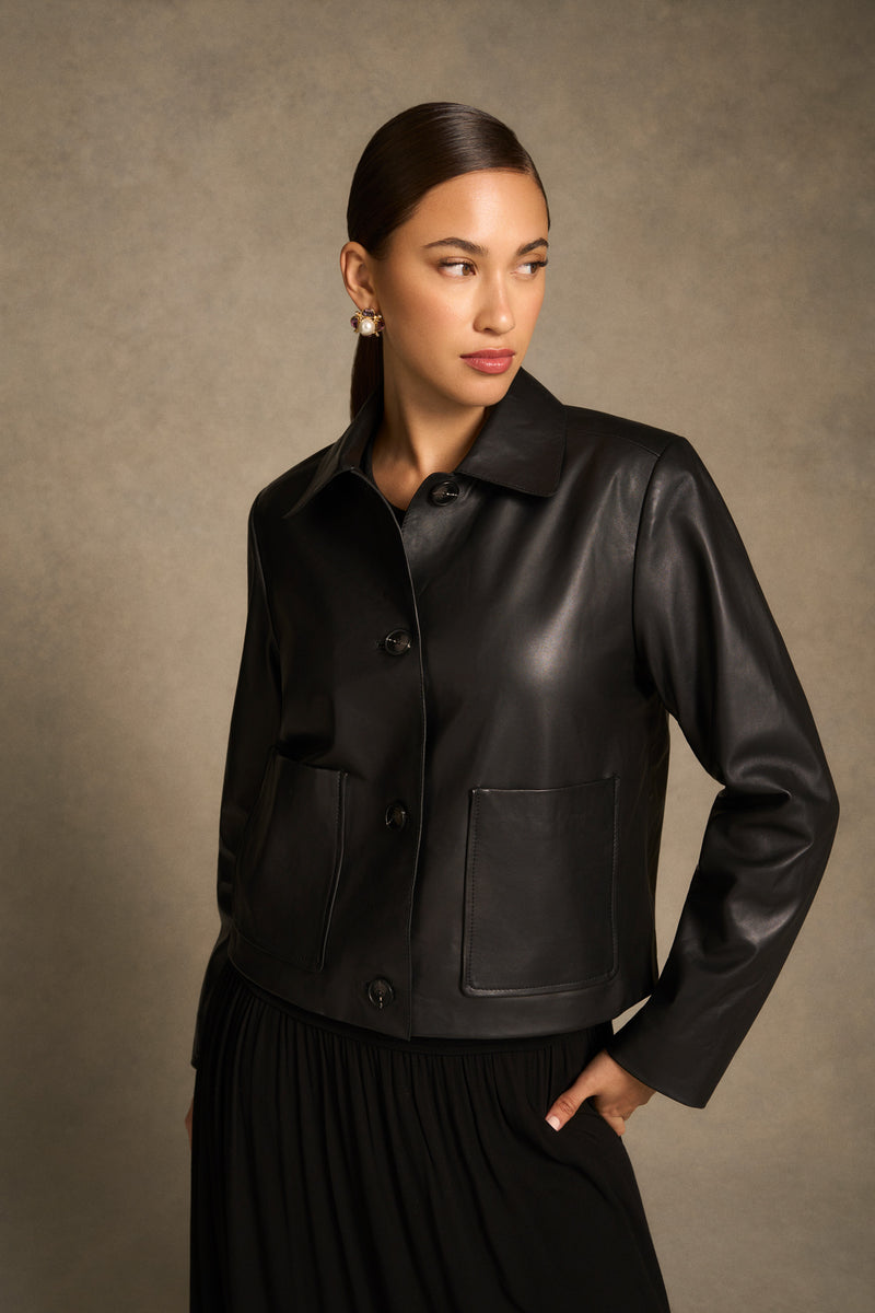Buttoned Leather Jacket - Black