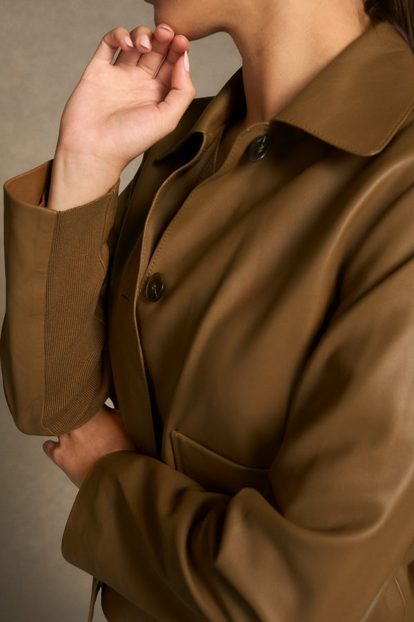 Buttoned Leather Jacket - Tan