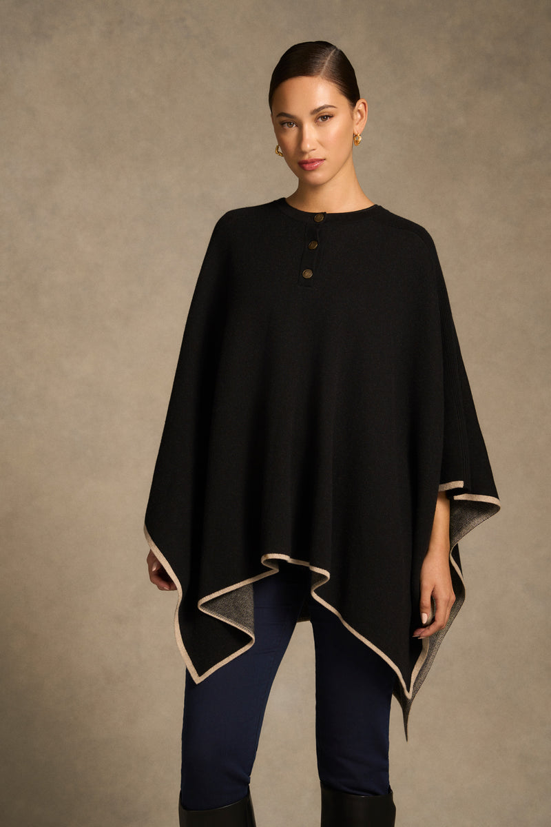 Button Detail Poncho - Black