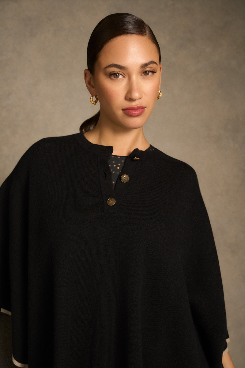 Button Detail Poncho - Black