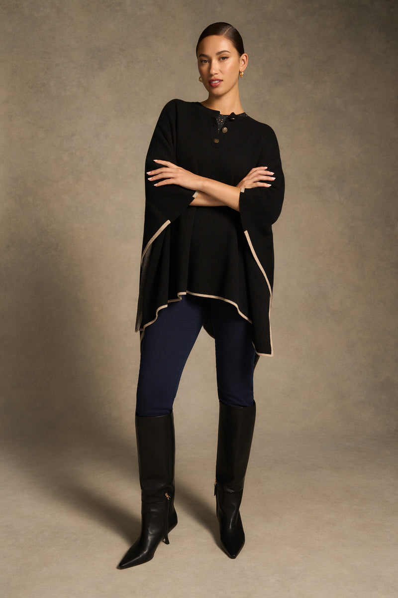 Button Detail Poncho - Black