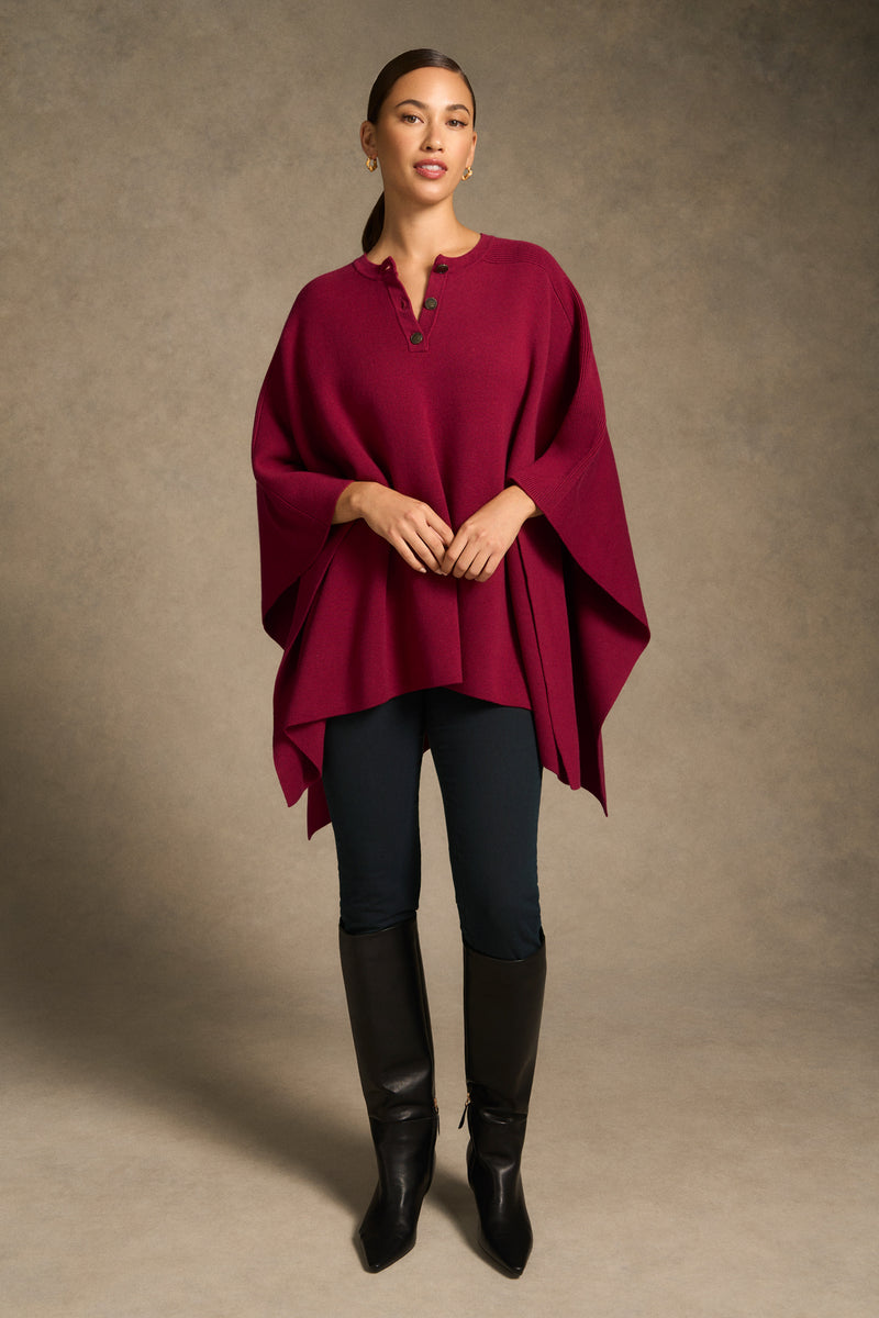 Button Detail Poncho - Wine