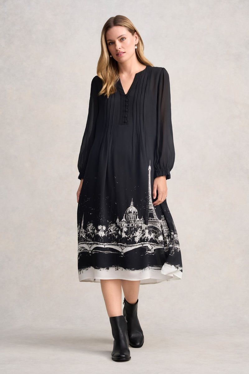 PINTUCK DRESS - EIFFEL BORDER PRINT