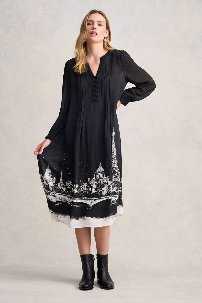 PINTUCK DRESS - EIFFEL BORDER PRINT