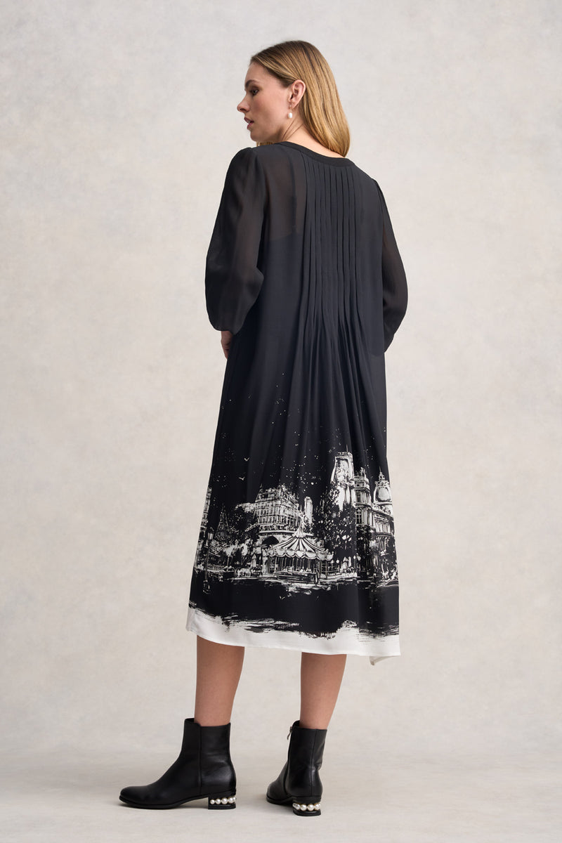 PINTUCK DRESS - EIFFEL BORDER PRINT