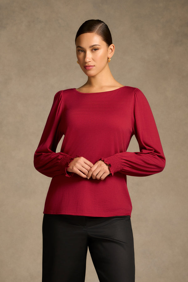 Shirred Cuff Merino Top - Crimson