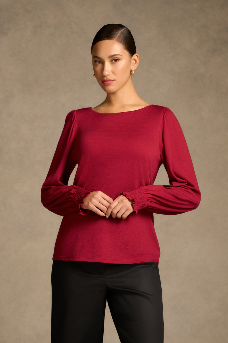 Shirred Cuff Merino Top - Crimson